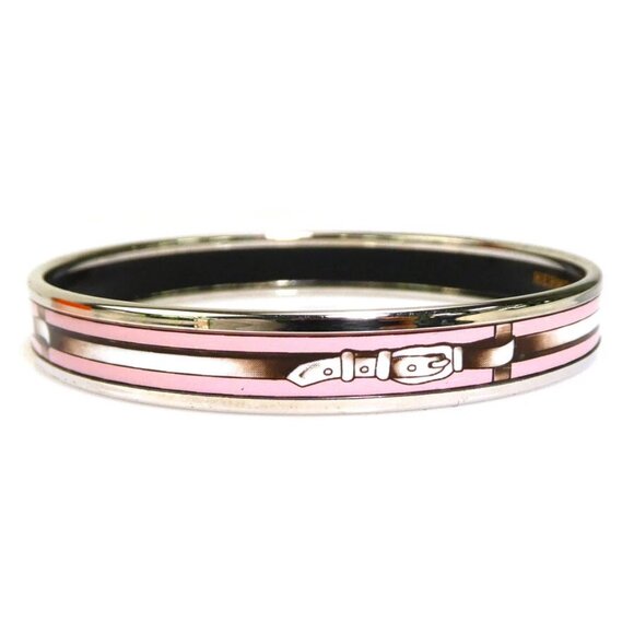 Auth HERMES Cloisonne Bangle Bracelet Silver/Pink/White Metal/Enamel - Picture 1 of 11